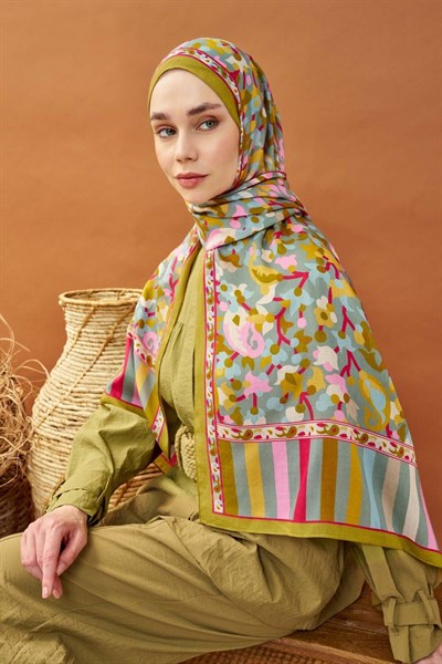 Riva Şal Tencel Botanical Floral Yağ Yeşili