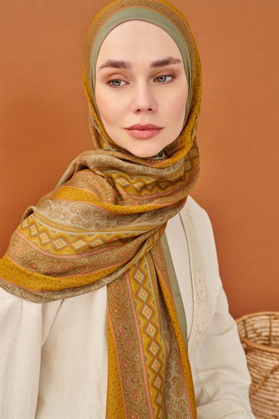 Riva Şal Tencel Ethnic Way Koyu Hardal