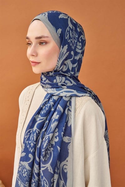 Riva Şal Tencel Floral Gece Mavisi