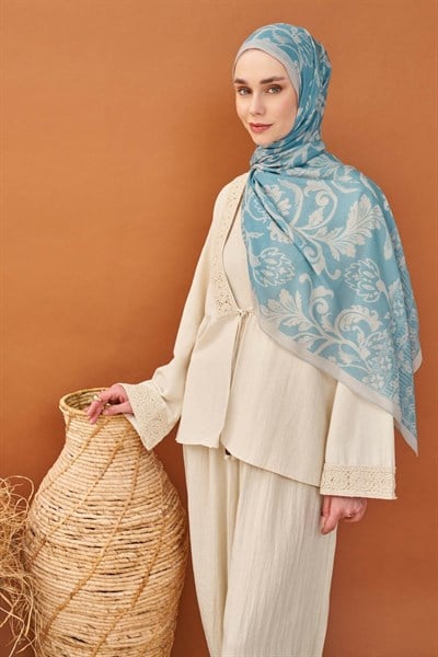 Riva Şal Tencel Floral Gök Mavisi
