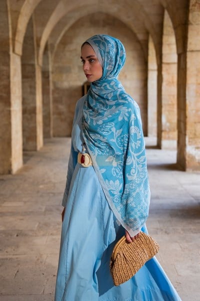 Riva Şal Tencel Floral Gök Mavisi