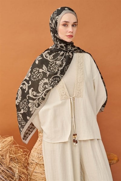 Riva Şal Tencel Floral Siyah