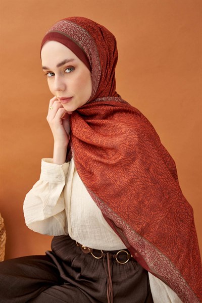 Riva Şal Tencel Güpür Desen Koyu Turuncu