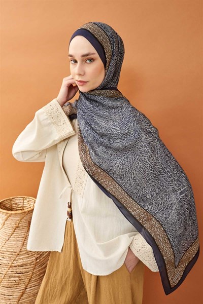 Riva Şal Tencel Güpür Desen Lacivert
