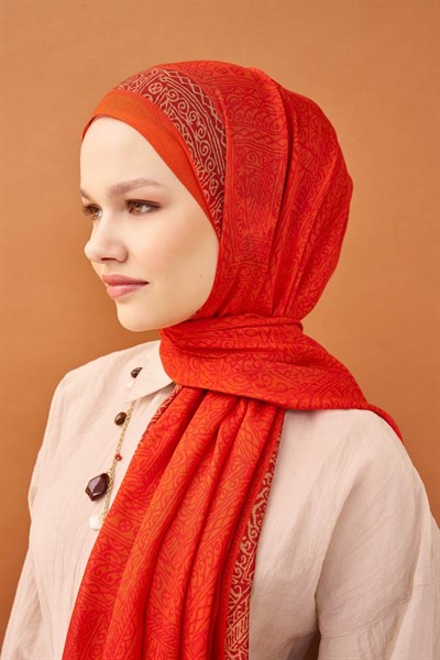 Riva Şal Tencel Güpür Desen Turuncu