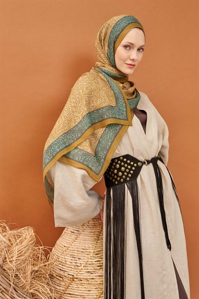 Riva Şal Tencel Güpür Desen Zeytin Yeşili