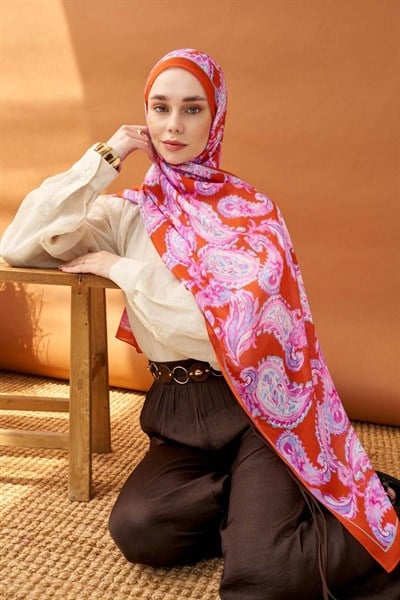 Riva Şal Tencel Paisley Turuncu