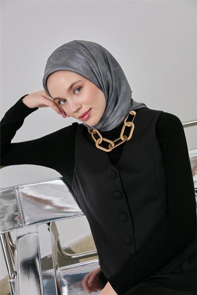 Shiny Işıltı Eşarp Koyu Gri Etnik Desen 90*90