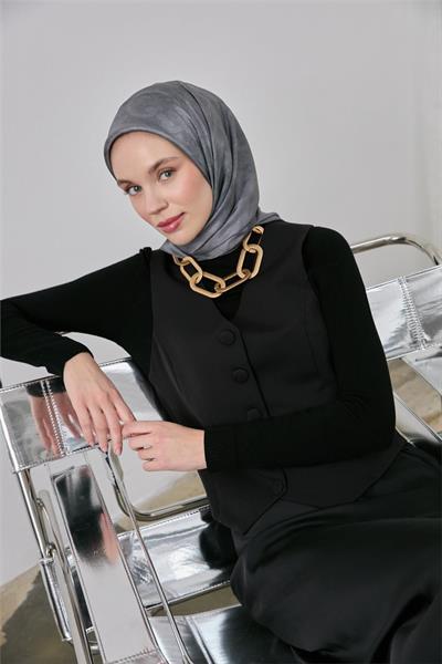 Shiny Işıltı Eşarp Koyu Gri Etnik Desen 90*90