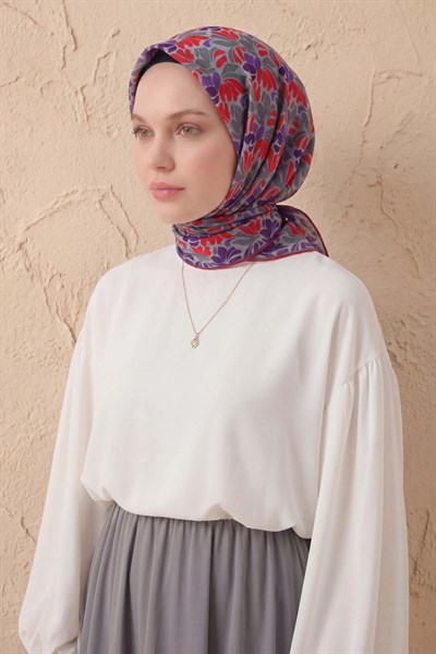 Soft Eşarp Floral Line Gri 90x90