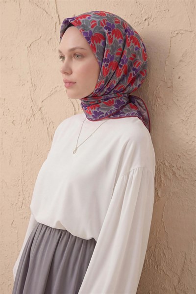 Soft Eşarp Floral Line Gri 90x90