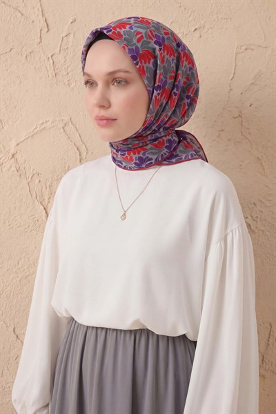 Soft Eşarp Floral Line Gri 90x90