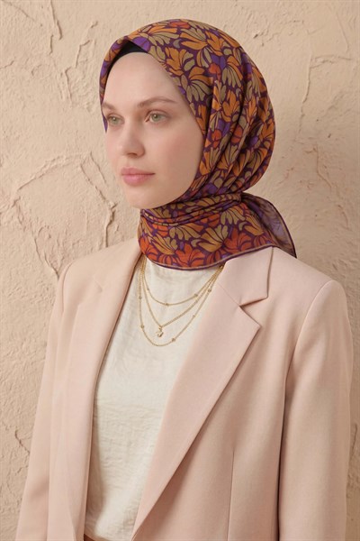 Soft Eşarp Floral Line Patlıcan Moru 90x90