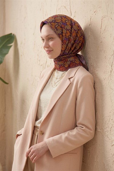 Soft Eşarp Floral Line Patlıcan Moru 90x90