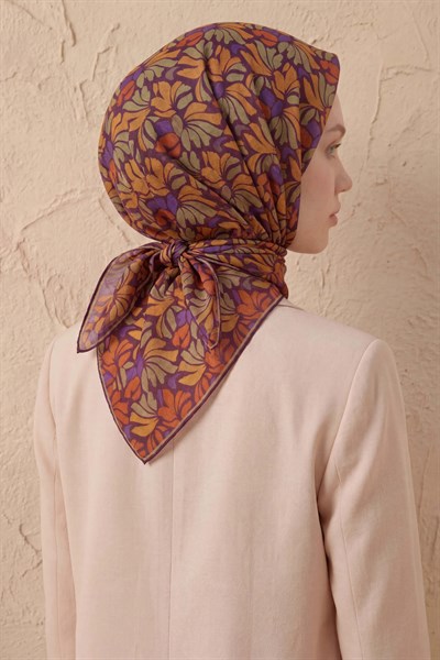 Soft Eşarp Floral Line Patlıcan Moru 90x90