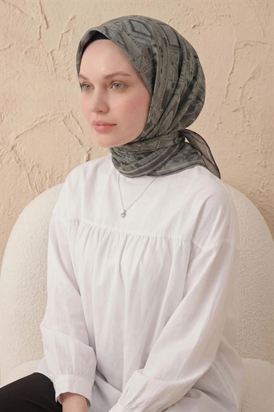 Soft Eşarp Geometrik Desen Eğrelti Yeşili 90x90