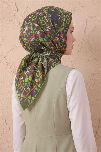 Soft Eşarp Geometrik Kına Yeşili 90x90