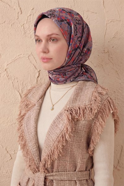 Soft Eşarp Geometrik Pudra Vizon 90x90