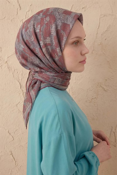 Soft Eşarp Melodi Desen Kırmızı Gri 90x90