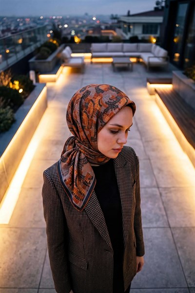 Soft Eşarp Melodi Desen Koyu Turuncu 90x90