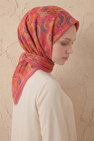 Soft Eşarp Melodi Desen Turuncu Pembe 90x90