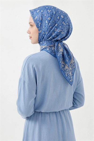 Soft Eşarp Yaprak Desen Gök Mavi 90x90