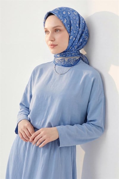 Soft Eşarp Yaprak Desen Gök Mavi 90x90
