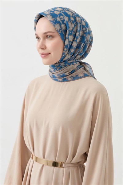 Soft Eşarp Yaprak Desen Mavi 90x90