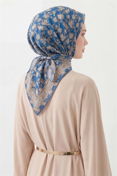 Soft Eşarp Yaprak Desen Mavi 90x90