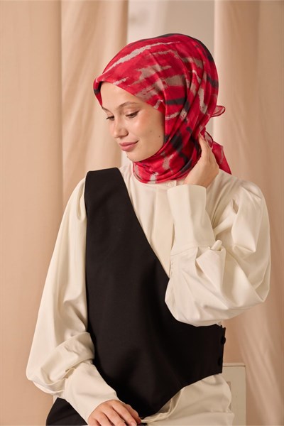 Soft Pamuk Eşarp Ahududu-Antrasit-Vizon Desenli Kaymaz Tok Duruşlu 90x90