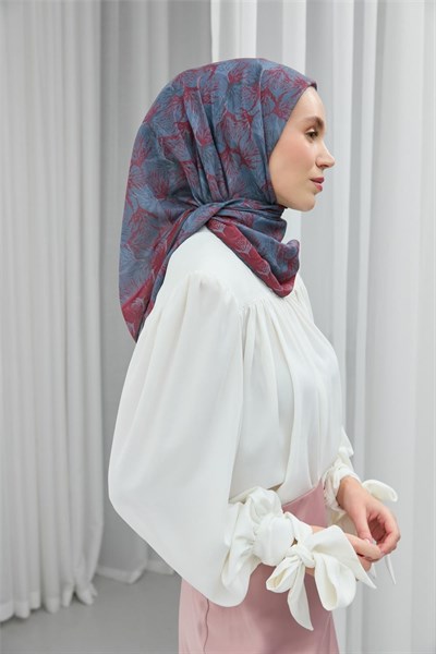 Soft Pamuk Eşarp Çelik Mavi Yaprak Desenli Hafif Tok Duruşlu 90x90