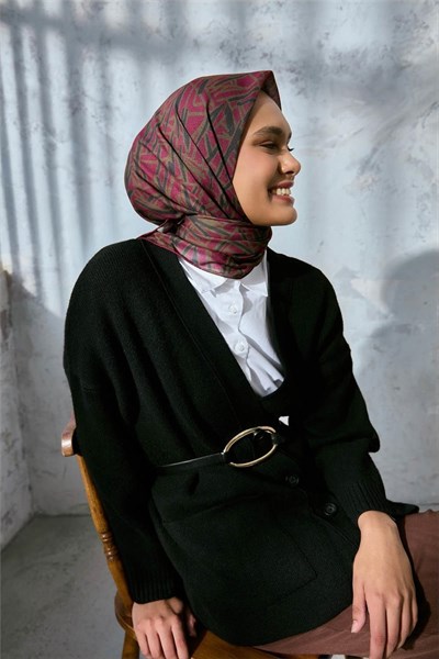 Soft Pamuk Eşarp Eflatun Haki Yeşil Geometrik Desenli Hafif Dokulu 90x90