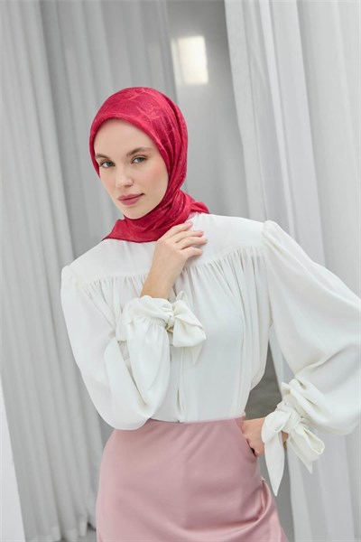 Soft Pamuk Eşarp Fuşya Pembe Yaprak Desenli Hafif Tok Duruşlu 90x90