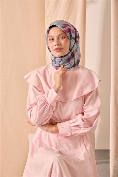 Soft Pamuk Eşarp Gri Pembe Vizon Desenli 90x90