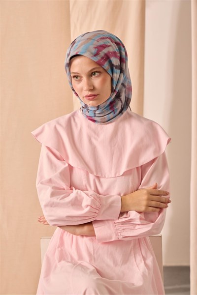 Soft Pamuk Eşarp Gri Pembe Vizon Desenli 90x90
