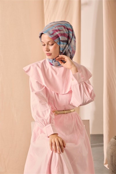 Soft Pamuk Eşarp Gri Pembe Vizon Desenli 90x90