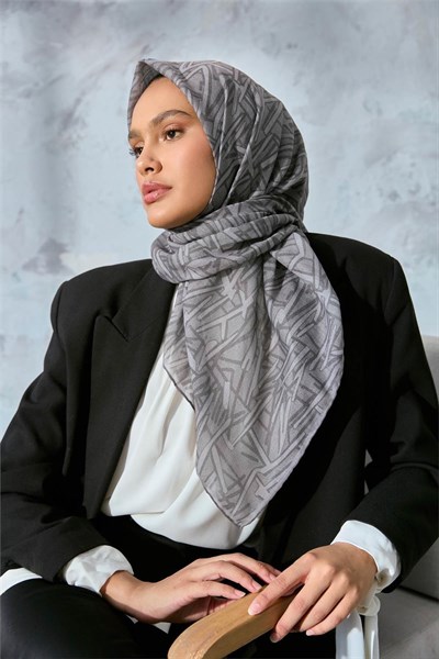 Soft Pamuk Eşarp Gri Vizon Geometrik Desenli Hafif Dokulu 90x90