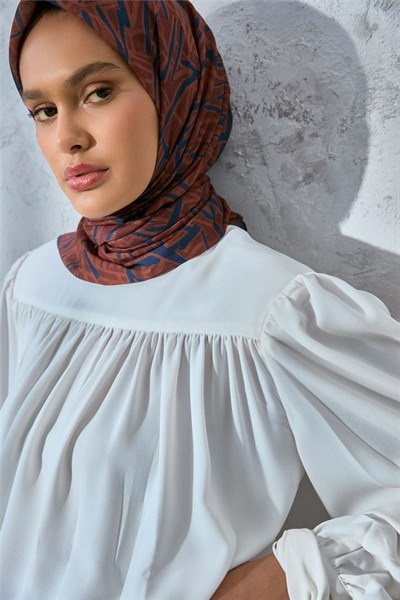 Soft Pamuk Eşarp Kızıl Kahve Lacivert Taba Geometrik Desenli Hafif Dokulu 90x90