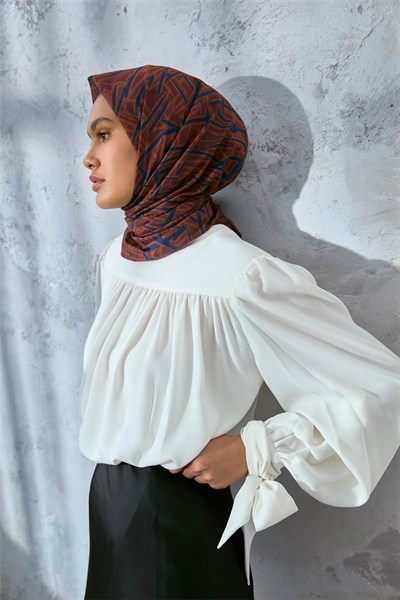 Soft Pamuk Eşarp Kızıl Kahve Lacivert Taba Geometrik Desenli Hafif Dokulu 90x90