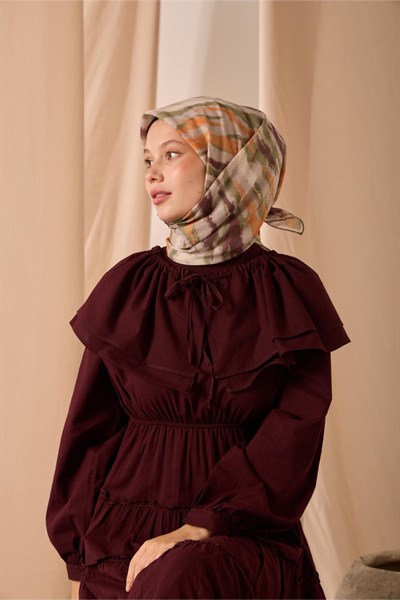 Soft Pamuk Eşarp Krem Kahverengi Yeşil Turuncu Desenli 90x90