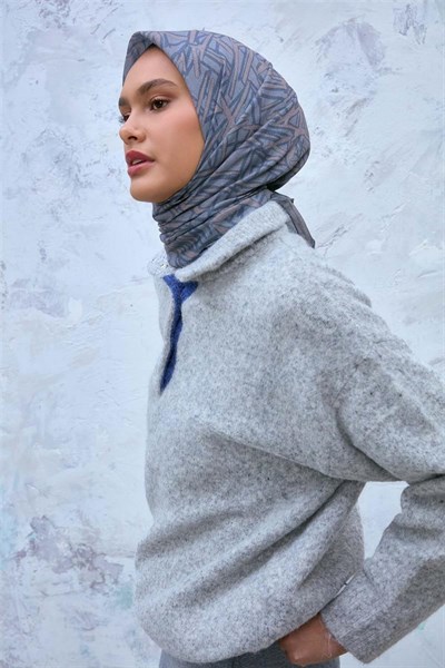 Soft Pamuk Eşarp Mavi Gri Vizon Geometrik Desenli Hafif Dokulu 90x90