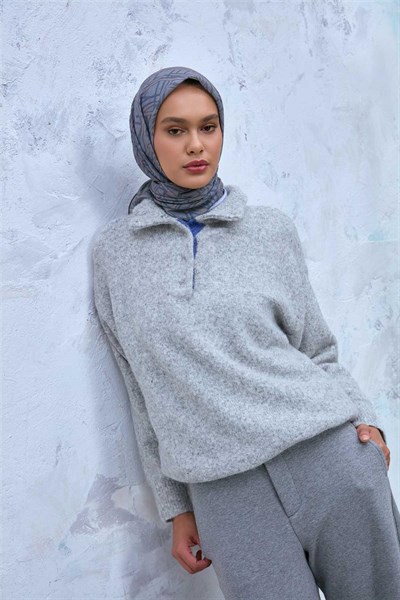 Soft Pamuk Eşarp Mavi Gri Vizon Geometrik Desenli Hafif Dokulu 90x90