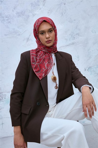 Soft Pamuk Eşarp Mercan Vizon Bordo Geometrik Desenli Hafif Dokulu 90x90