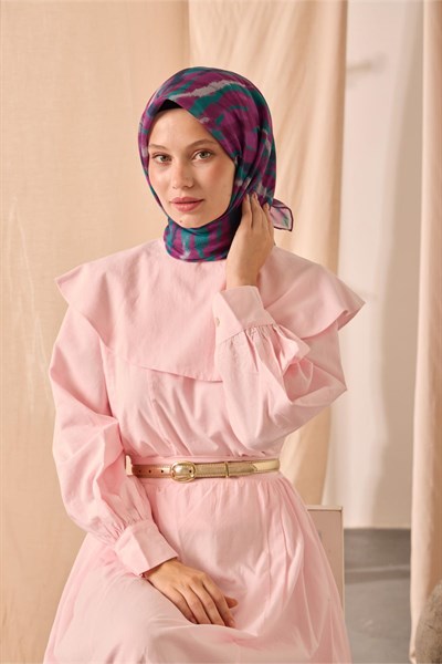 Soft Pamuk Eşarp Mor-Patina Yeşili-Lacivert-Gri Desenli Kaymaz Tok Duruşlu 90x90