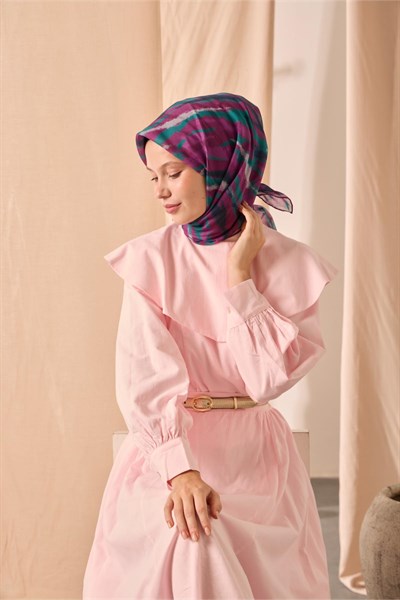 Soft Pamuk Eşarp Mor-Patina Yeşili-Lacivert-Gri Desenli Kaymaz Tok Duruşlu 90x90