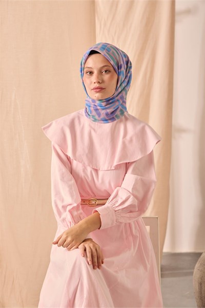 Soft Pamuk Eşarp Pudra-Gök Mavi-Mor-Patina Yeşili Desenli Kaymaz Tok Duruşlu 90x90