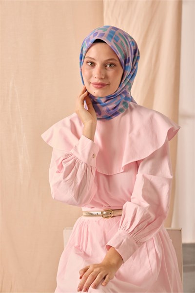 Soft Pamuk Eşarp Pudra-Gök Mavi-Mor-Patina Yeşili Desenli Kaymaz Tok Duruşlu 90x90