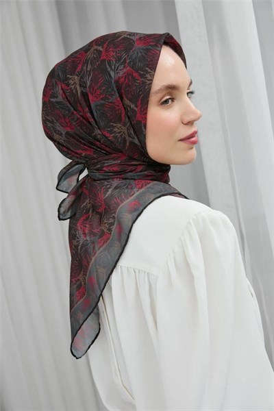 Soft Pamuk Eşarp Siyah Yaprak Desenli Hafif Tok Duruşlu 90x90