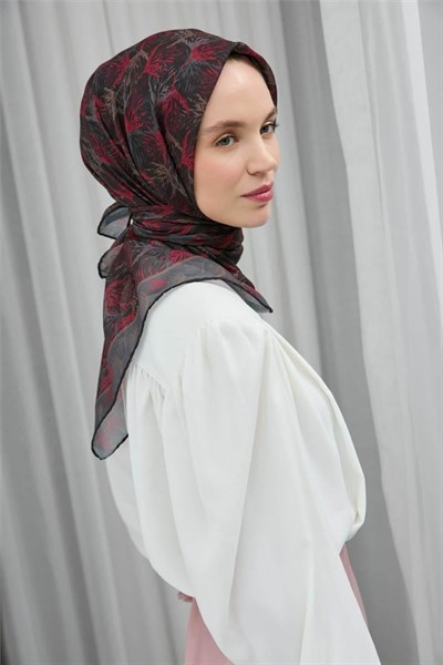 Soft Pamuk Eşarp Siyah Yaprak Desenli Hafif Tok Duruşlu 90x90