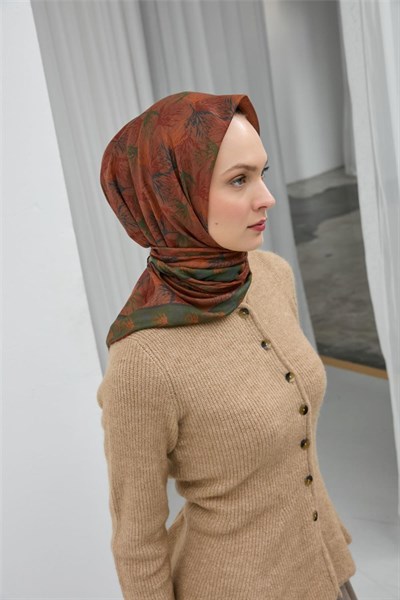 Soft Pamuk Eşarp Taba Yaprak Desenli Hafif Tok Duruşlu 90x90